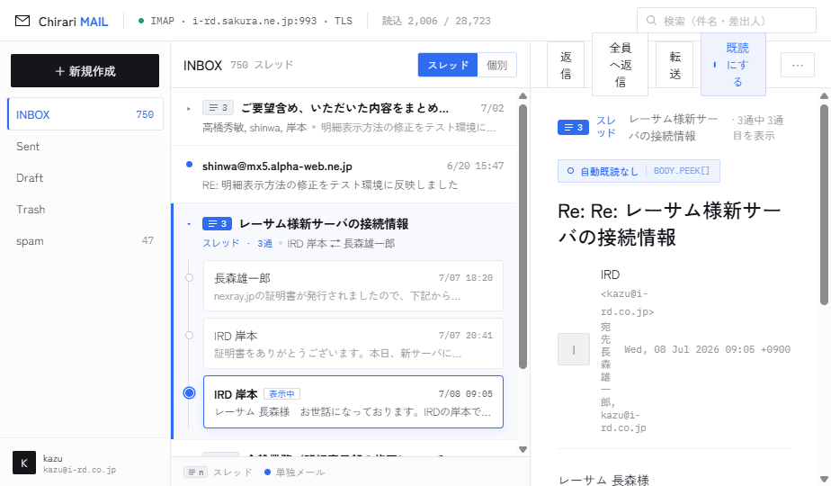 ChirariMail の画面 — スレッド表示のメール一覧