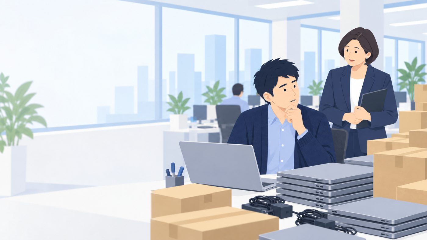 積み上がったノートPCの前で考え込む担当者