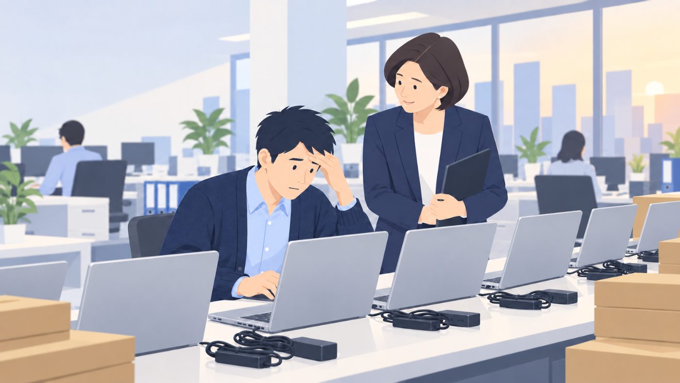 並んだノートPCを1台ずつ設定する佐藤さん