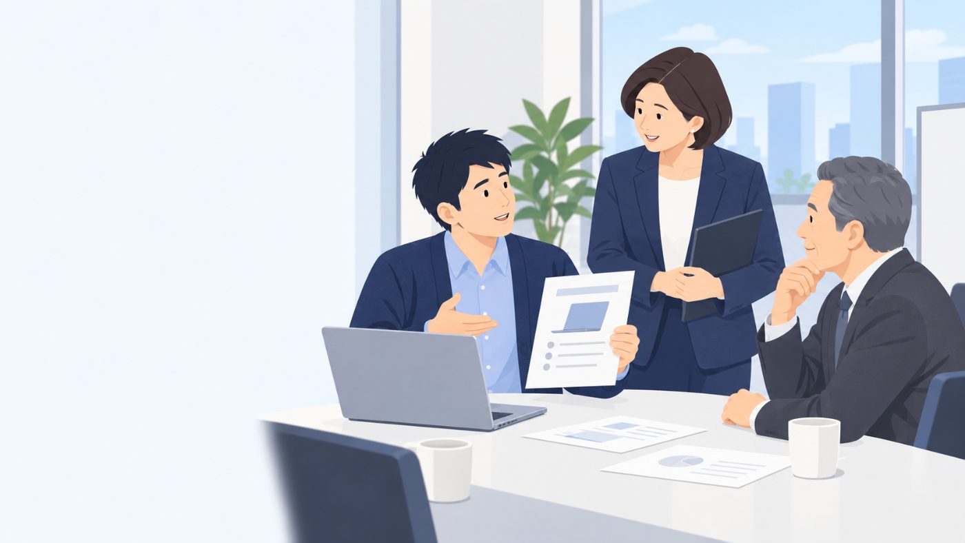 社長に提案する佐藤さん